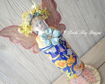 The Faerie Garden Girl Art Doll Functional Storage Tin Candle Assemblage Art Doll Pink Wing Butterfly Fairy Doll Lorelie Kay Original