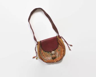 Vintage 70s CHAR Boho PURSE / 1970s Custom Made Hand Painted Leather Hippie Shoulder Bag