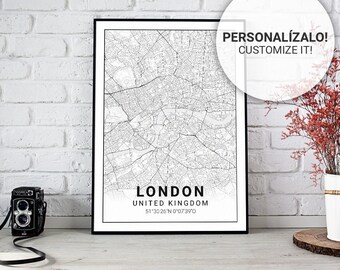 Poster map of London (United Kingdom) 30, 40 and 50. Custom text. Ideal sheet for decoration or as a gift.