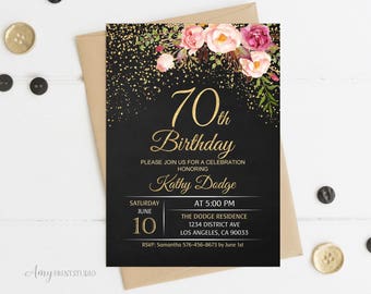 70th Birthday Invitation, Floral Women Birthday Invitation, Chalkboard Birthday Invite, PERSONALIZED, Digital file, #W16