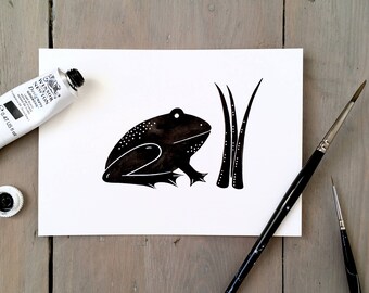 Frederic Frog - Original Contemporary 4x6 Watercolour Animal Painting - Black and White Art - by Natasha Newton