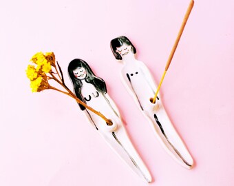 Boy or Girl Incense Holder Ceramic, Boy or Girl Flower Holder Hand-Built Pottery