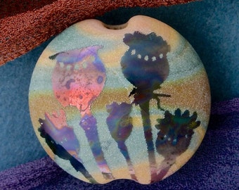 Handmade Lampwork Focal Bead "Poppies" SRA Sandblasted Glass ~ Iridescent Lustre Picture Bead ~ Meadow Shades
