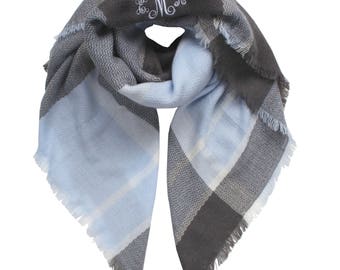 Monogrammed Blanket Scarf - Blue & Grey
