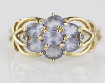 9ct Gold Amethyst and Diamond Ladies Ring Cluster Top with Purple Stones UK Size O US 7.25