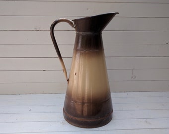Enamel Body Pitcher, Vintage French Enamelware Vase, Brown and Beige Enamel Jug, Modern Farmhouse Decor