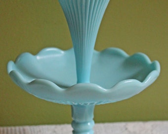 French Turquoise Milk Glass Epergne Vase with Scalloped Rims by Vallerysthal & Porteiux. Turquoise Milk Glass Footed Bowl and Epergne Vase.