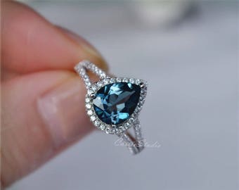 Pear London Blue Topaz Ring Topaz Engagement Ring/ Wedding Ring 925 Sterling Silver Anniversary Ring Promise Ring