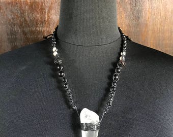 Crystal Point & Lotus, Bodhi Seed, Ebony Macrame Necklace