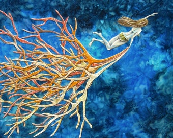 Unique Beach decor, underwater swimmer, gift for her, deep blue sea, coral, shellieartist, beautiful art, original artwork, mixed medium