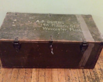 Wooden Military Trunk, Vintage Military Footlocker, Old Wooden Trunk