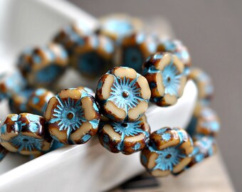 Love Mia - Czech Glass Beads, Opaque Beige, Turquoise Picasso, Hawaiian Flowers 12mm - Pc 6