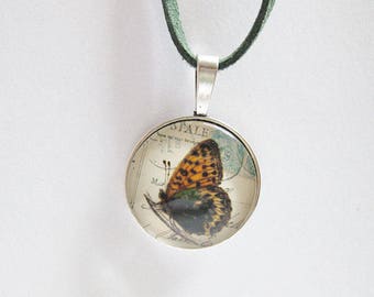Necklace, Cabochonschmuck, necklace with pendant, gifts for women, butterflies, imitation leather