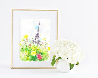 Sunny Day in Paris - Eiffel tower- Giclee Art print - Watercolor Painting - Office & Home decor Wall Art - 8x10 11x14