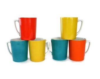 70s Retro Porcelain Cups Mugs Yellow Orange Red Teal 7 Oz Excellent Condition