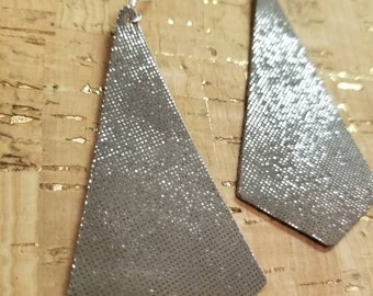 Silver Grayish Leather earrings. Light weight. Nickle free. Hypoallergenic. 3 inches