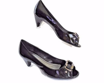 Franco Sarto Size 10 Med Kitten Heel, Open Toe Patent Leather Pump