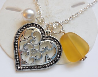 Yellow Sea Glass Necklace, Beach Glass Necklace, Sea Glass Jewelry, Beach Glass Jewelery, Heart Charm Necklace, Free Shipping in the US.