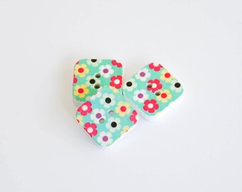 5x Square Wooden Buttons - Turquoise with Flowers - 15mm 2 hole buttons