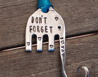 DON'T FORGET I love You ELEPHANT ornament with Teal Ribbon made from a repurposed Fork with tiny hearts