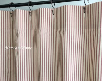 Ticking Stripe Shower Curtain Fabric Cranberry Red Natural 72 X 84 108 Extra Long