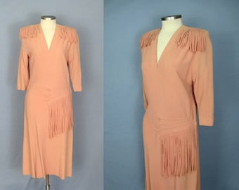 40s Dance Dress / WWII Swing Dress / 1940s Dress / Peach Rayon Crepe / Fringe