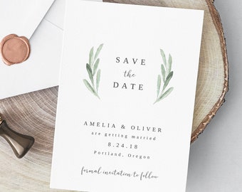 Greenery Save the Date Template Boho Wedding Printable Rustic Wreath Save the Date Card Simple Save the Date EDIT in TEMPLETT Amelia