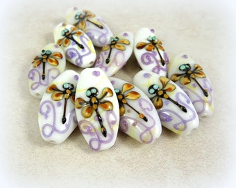 Dragonfly Lampwork Beads - Oval Lampwork Beads, Marquise Shape Lamp work Bead with Dragonfly - 30mm