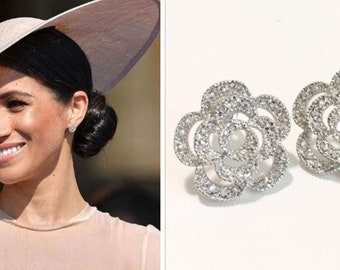 PREORDER Meghan Markle Rose Stud Sterling Silver Cubic Zirconia Crystal Flower Art Deco Earrings