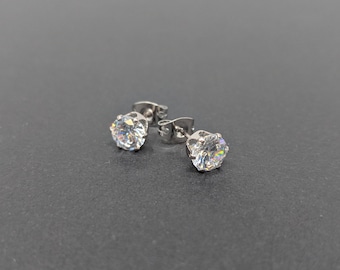 Hypoallergenic 316L Surgical Stainless Steel Round White Clear Cubic Zirconia Stud Earrings