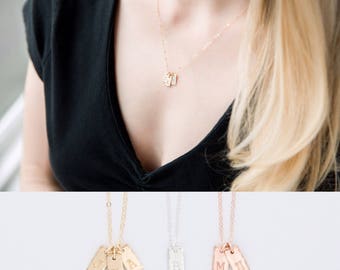 Dainty Gold Initial Necklace, Rose Gold Name Bar Necklace, Personalized Tag Necklace, Kids Initial Necklace, New Mom Gift, Mommy Jewelry