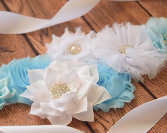 Flower Sash, light blue white Sash, #2 , flower Belt, maternity sash