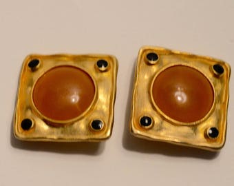 1980's Square stone and enamel clip on earrings