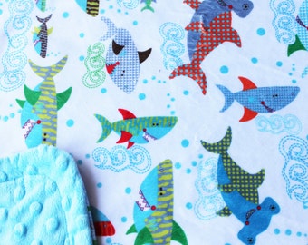 Minky Blanket Shark Print Minky with Turquoise Dimple Dot Minky Backing - Perfect Size a Toddler or Child