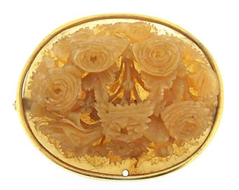 Vintage 1930's 14 Kt oval celluloid carved floral brooch