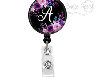 Retractable Badge Holder - Floral Badge Reel - Purple Floral Monogram Badge Holder - Retractable Badge Reel - Initial Badge Reel - 0179