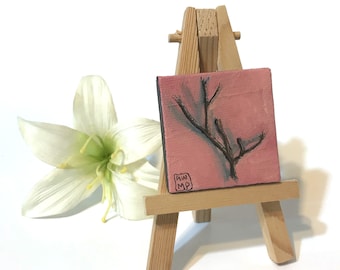 Pink Twig - miniature painting, small painting, mini painting, tiny painting, miniature oil painting, tiny oil painting, still life painting