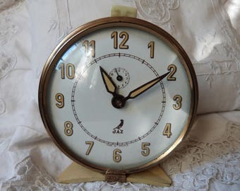 Antique French gold cream alarm clock vintage Jaz clock retro alarm clock 1930s w mechanical movement, vintage retro decor for bedroom