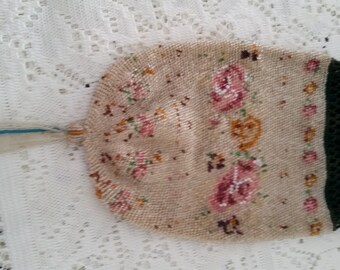 Antique Micro Glass Beaded Reticule DrawstringPurse
