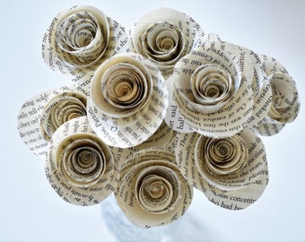 Book Page Roses - Set of 12 - Stemmed Flower - Home or Party Decor