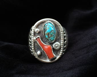 Vintage Silver, Turquoise & Coral Ring