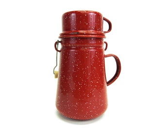 Vintage Red Speckled Enamelware Carafe with Cup Lid & Wood Handle (E10503)