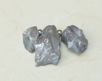 Light Silver Titanium Quartz Points, Titanium Druzy, Raw Rough Quartz Beads, Titanium Quartz - 3 Stones - 25mm - 42mm - 0377