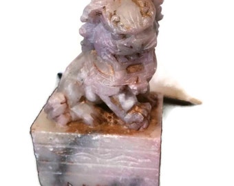 Vintage Carved Pink Marble Foo Dog /Foo Lion