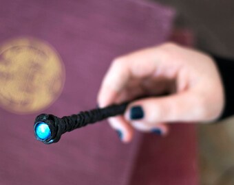 Magic Wand with Blue Glass Dome, Black Wand, Geek Accessories, Witch Wand, Wizard Wand, Costume