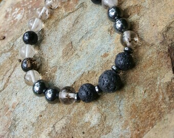 Essential Oil Diffuser Bracelet Lava Rock Black and Clear Rutilated Quartz Hemitite Natural Stone Stretch Beaded Bracelet.