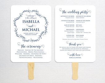 Navy Blue Wedding Program Fan Template, Calligraphy Script Printable Program, Instant Download, Ceremony Program Fan, Kraft Paper, WPC_1175