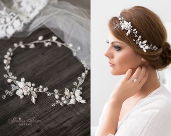Bridal Vintage Headpiece Freshwater Pearls Hair vine with Pearls & Rhinestones in Ivory, Silver Wired Crystals Wedding Adornment