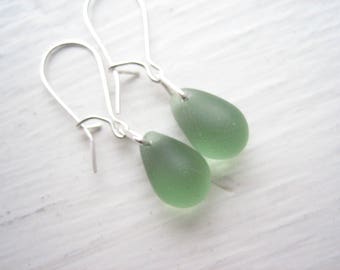 Sea foam green drops, frosted dusty green, sterling silver green drops, aqua green teardrop, glass teardrops, small glass drops, minimalist