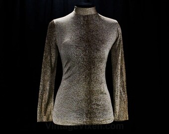 Size 8 1960s Shirt - Trompe L'Oeil Furry Print Jersey Knit - Beige & Brown Long Sleeve Slinky Top - 60s Designer Rene Varon - Bust 36 -47428